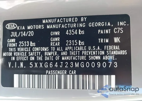 2021 Kia K5 Gt-Line z USA, uszkodzony, nr VIN 5XXG64J23MG009073